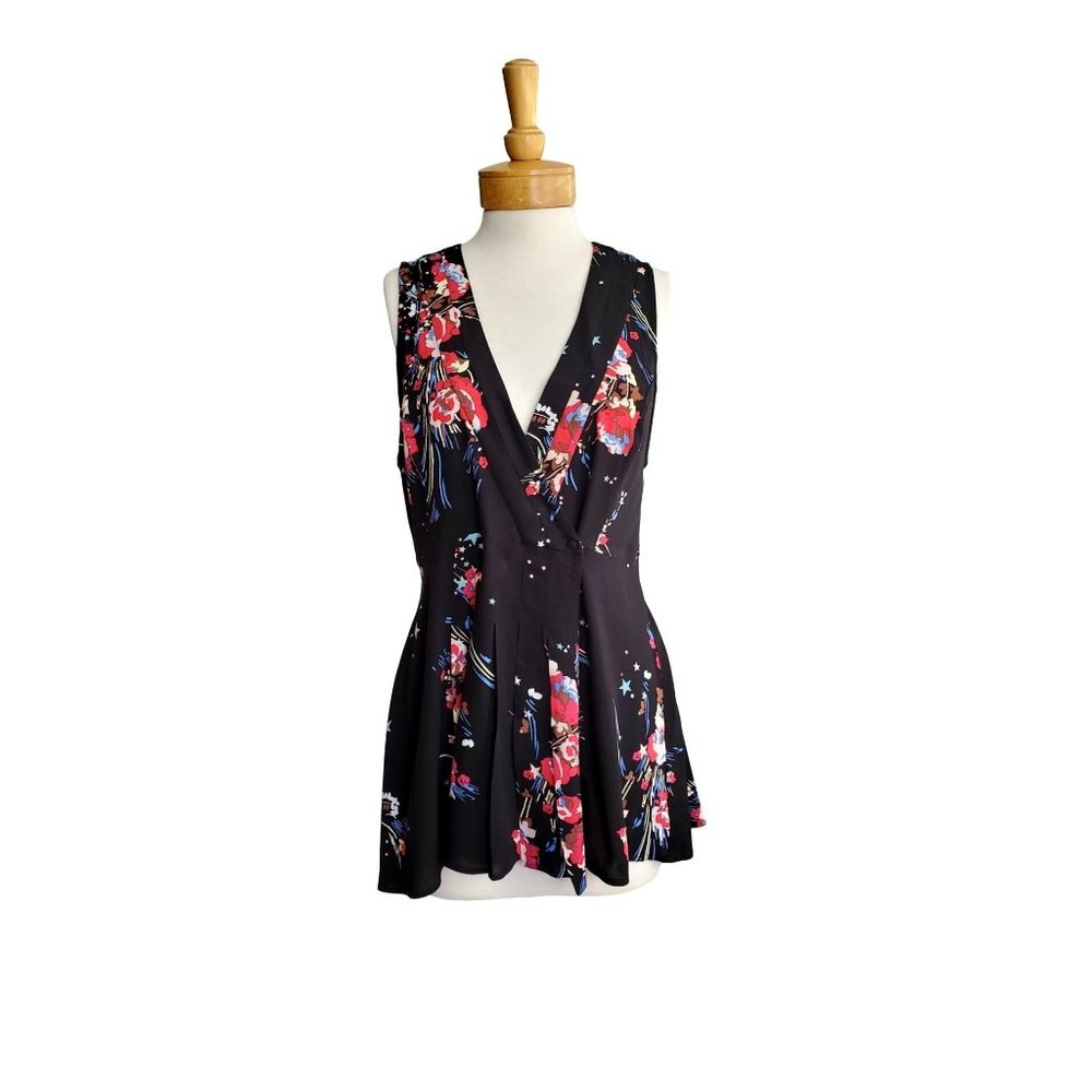 SALE Free People Mini Dress/Tunic Top Faux Wrap Black Floral/Stars Sleeveless S